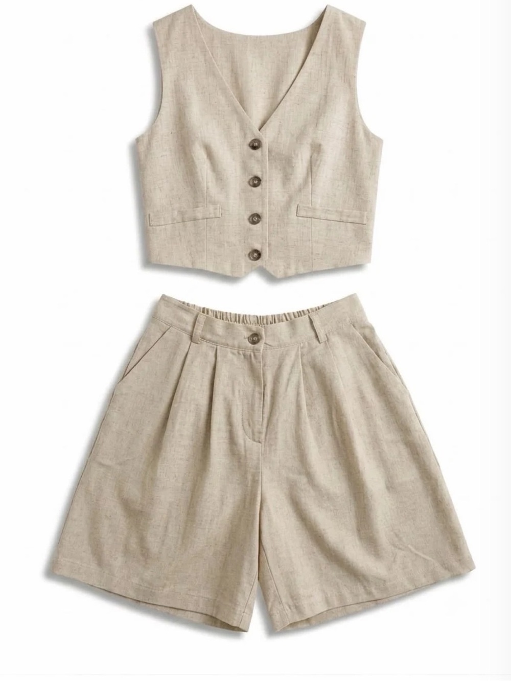 Tailored Sleeveless Button Vest & High-Waist Shorts Set - Beige